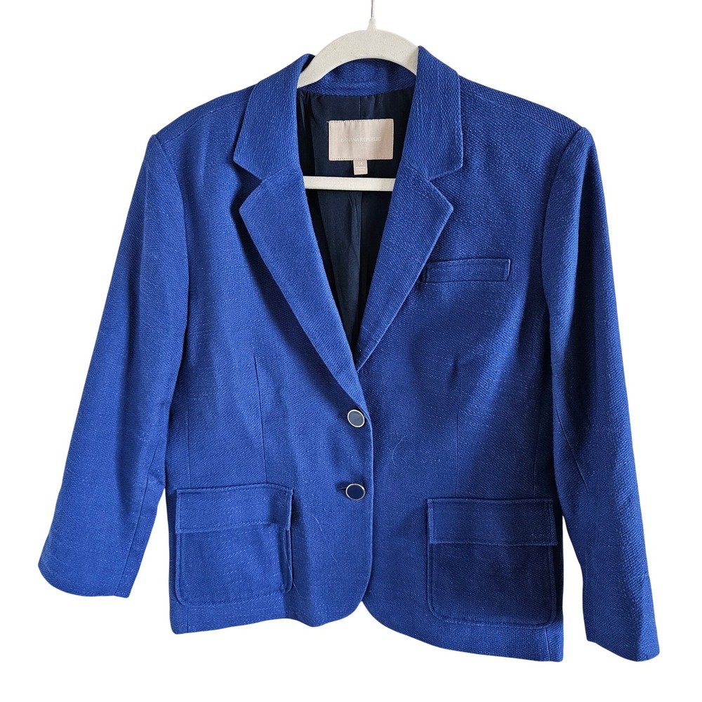 Banana Republic Womens Royal Blue Linen Cotton Blazer Textured Jacket Size 14